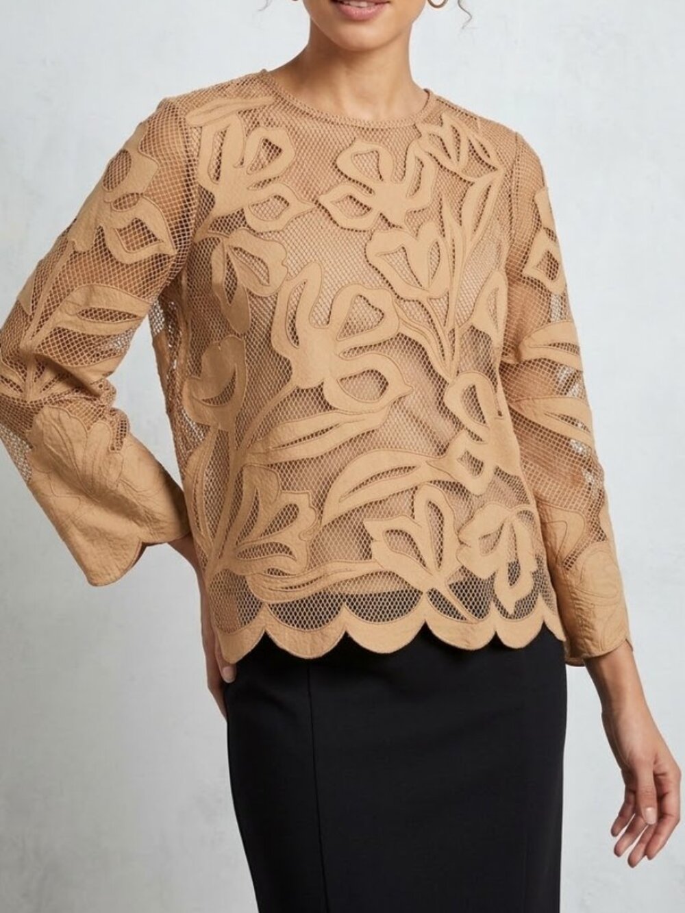 Chico’s Floral Sheer Cutout Appliques Tan Mesh Top Sz 0/4 Scalloped Hem BohoChic